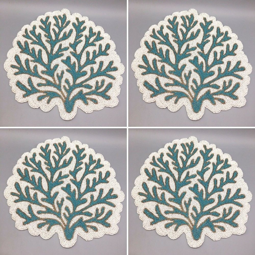 x4 Coastal Collection Beaded Ocean Blue Coral Reef Placemat Set Beach Decor 15"